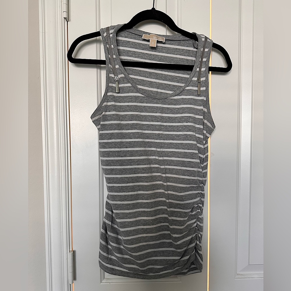 Michael Kors (Size M) Women's Sleeveless Gray Striped Scrunch Top Tank Shirt